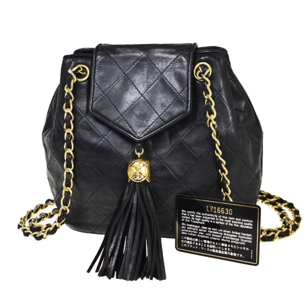 CHANEL CC MATELASSE Fringe Chain Shoulder Bag Leather Black Vintage